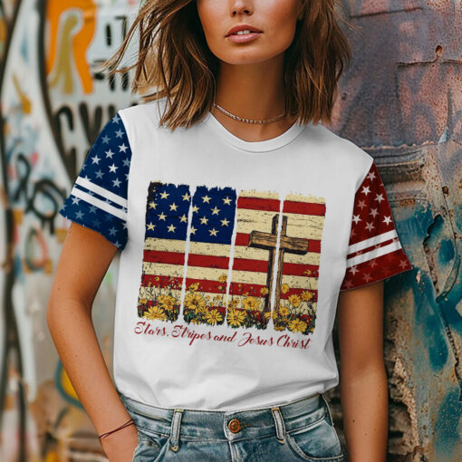 Stars Stripes And Jesus Christ Patriotic Christian - T-Shirt - Image 3