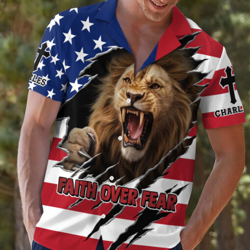 Faith Over Fear Patriotic Christian Lion - Hawaii Shirt - AGG2599 - Image 2