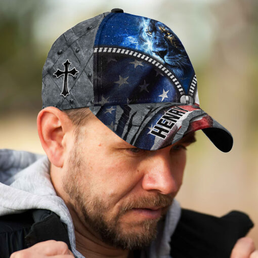 America Flag Cross Lion Patriotic Christian Faith - Classic Cap - Image 4
