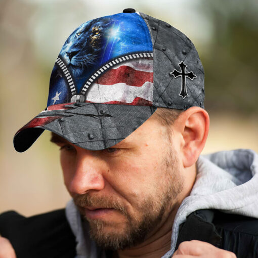 America Flag Cross Lion Patriotic Christian Faith - Classic Cap - Image 5