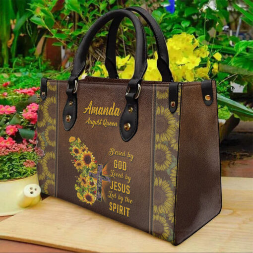 Sunflower Butterfly Blessed By God | Personalized Leather Handbag - Image 2