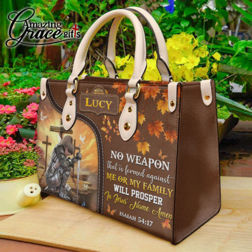No Weapon That Is Formed Against Me Or My Family | Personalized Leather Handbag - Image 3