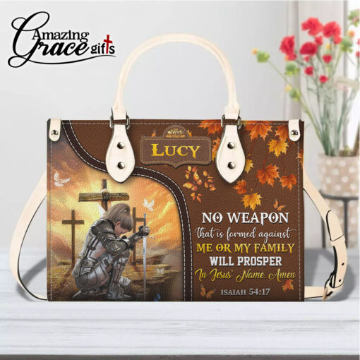 No Weapon That Is Formed Against Me Or My Family | Personalized Leather Handbag - Image 5