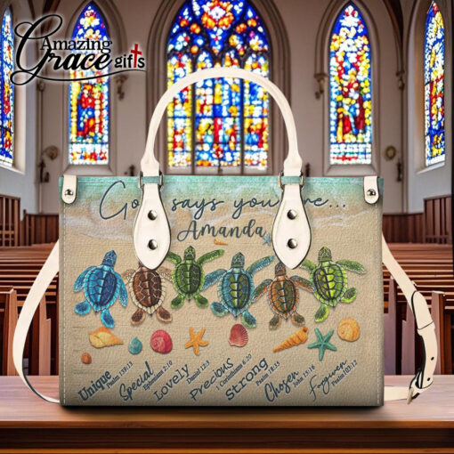 Sea Turtles God Says I Am | Personalized Leather Handbag - Image 2