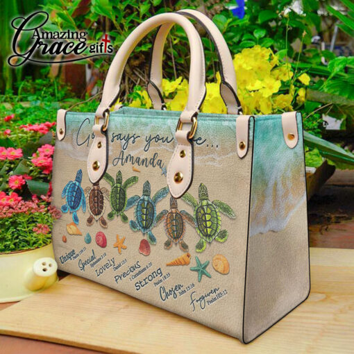 Sea Turtles God Says I Am | Personalized Leather Handbag - Image 3