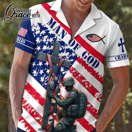 American Flag Kneel Veteran Before Cross Patriotic Christian - Hawaii Shirt - AGG2725 - Image 2