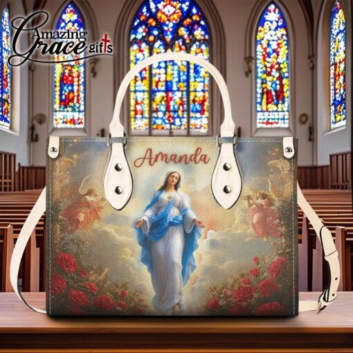 Flower Glow Virgin Mary's Grace Christ Mother | Personalized Leather Handbag Size M - Image 12