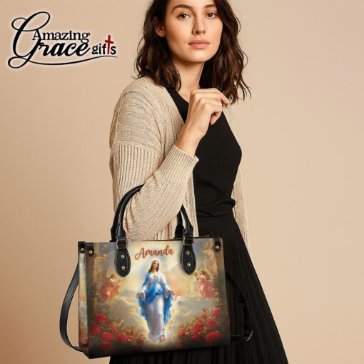 Flower Glow Virgin Mary's Grace Christ Mother | Personalized Leather Handbag Size M - Image 4