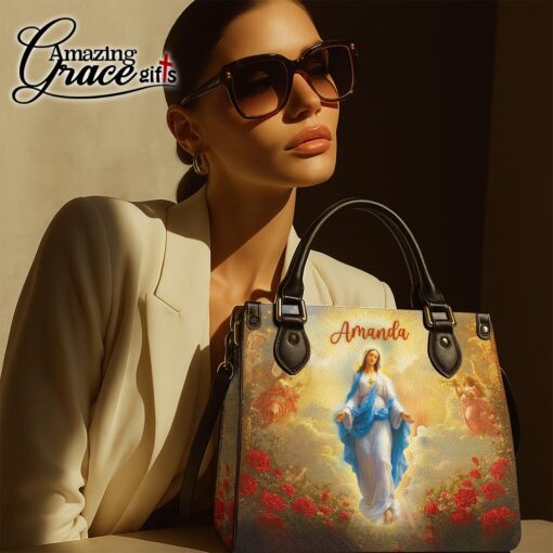 Flower Glow Virgin Mary's Grace Christ Mother | Personalized Leather Handbag Size M - Image 2
