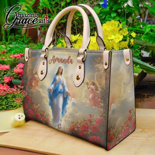 Flower Glow Virgin Mary's Grace Christ Mother | Personalized Leather Handbag Size M - Image 10