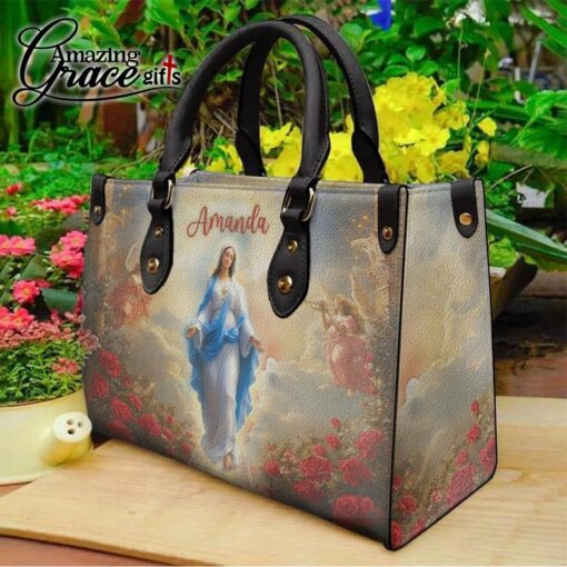 Flower Glow Virgin Mary's Grace Christ Mother | Personalized Leather Handbag Size M - Image 11