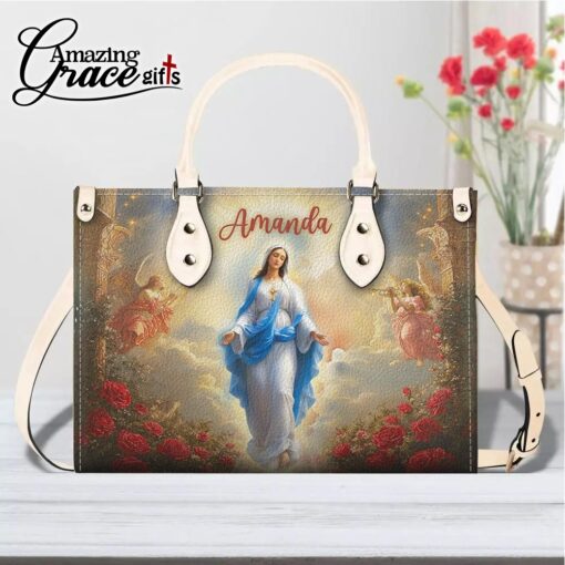 Flower Glow Virgin Mary's Grace Christ Mother | Personalized Leather Handbag Size M - Image 8