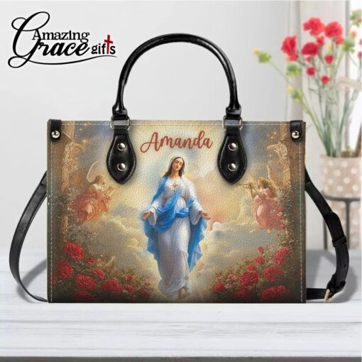 Flower Glow Virgin Mary's Grace Christ Mother | Personalized Leather Handbag Size M - Image 9