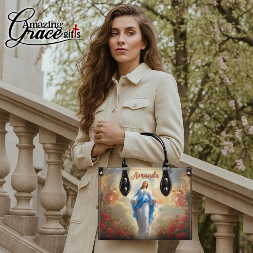 Flower Glow Virgin Mary's Grace Christ Mother | Personalized Leather Handbag Size M - Image 6