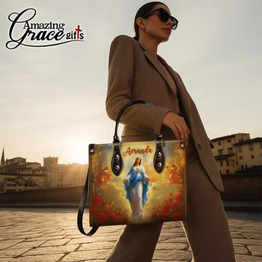 Flower Glow Virgin Mary's Grace Christ Mother | Personalized Leather Handbag Size M - Image 5