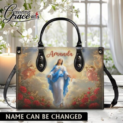 Flower Glow Virgin Mary's Grace Christ Mother | Personalized Leather Handbag Size M