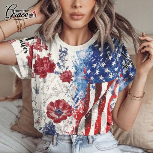 American Flag Colorful Flower Patriotic Christian - T-Shirt - Image 5