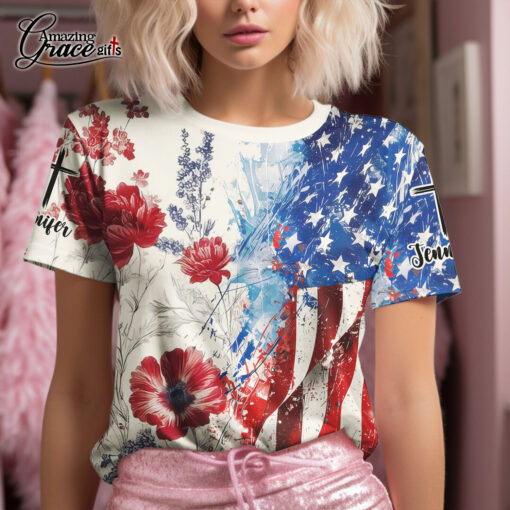 American Flag Colorful Flower Patriotic Christian - T-Shirt - Image 4