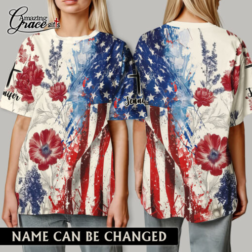 American Flag Colorful Flower Patriotic Christian - T-Shirt