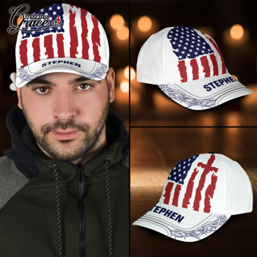 Stars Stripes Cross American Flag Patriotic Christian - Classic Cap - Image 3