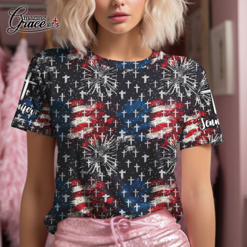 Jesus Cross American Flag - T-Shirt - Image 3