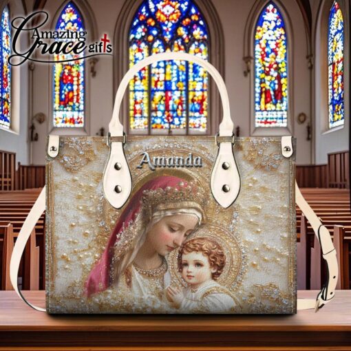 Virgin Mary Holding Baby Jesus White Pearl - Leather Handbag L - Image 8