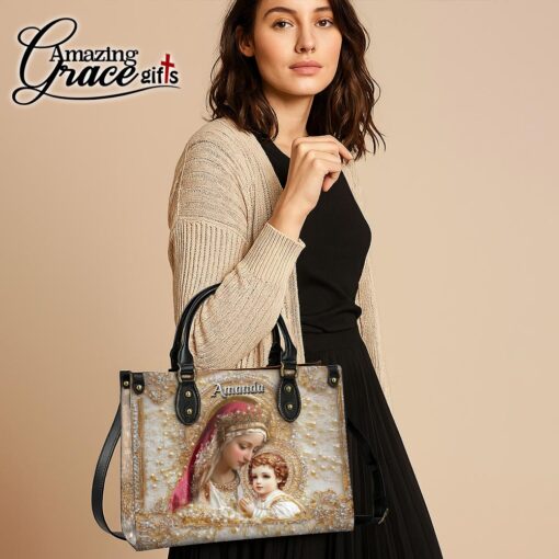 Virgin Mary Holding Baby Jesus White Pearl - Leather Handbag L - Image 5