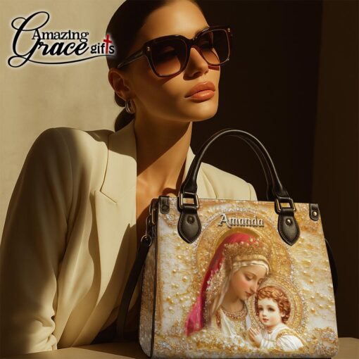 Virgin Mary Holding Baby Jesus White Pearl - Leather Handbag L - Image 7