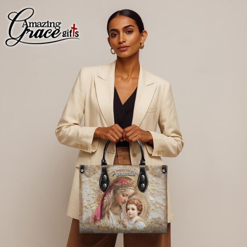 Virgin Mary Holding Baby Jesus White Pearl - Leather Handbag L - Image 2