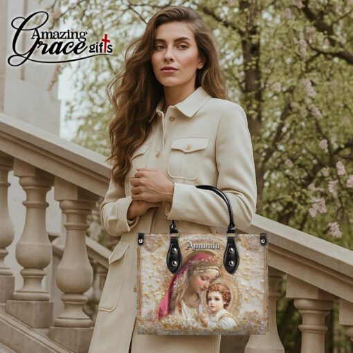 Virgin Mary Holding Baby Jesus White Pearl - Leather Handbag L - Image 3