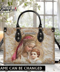 Virgin Mary Holding Baby Jesus White Pearl - Leather Handbag L