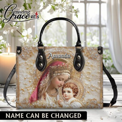 Virgin Mary Holding Baby Jesus White Pearl - Leather Handbag L