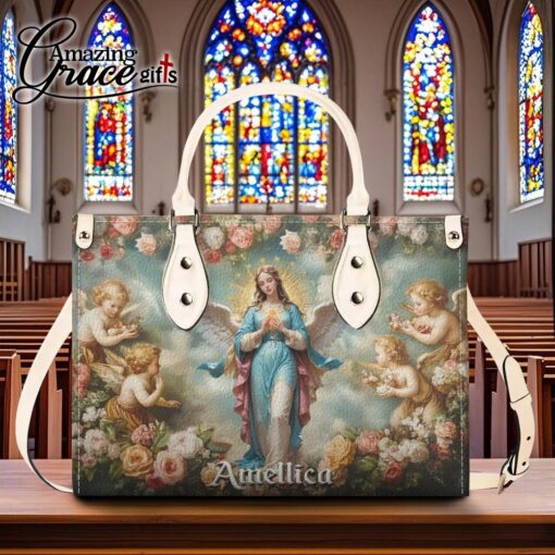Halo Of Roses Virgin Mary - Leather Handbag L - Image 8