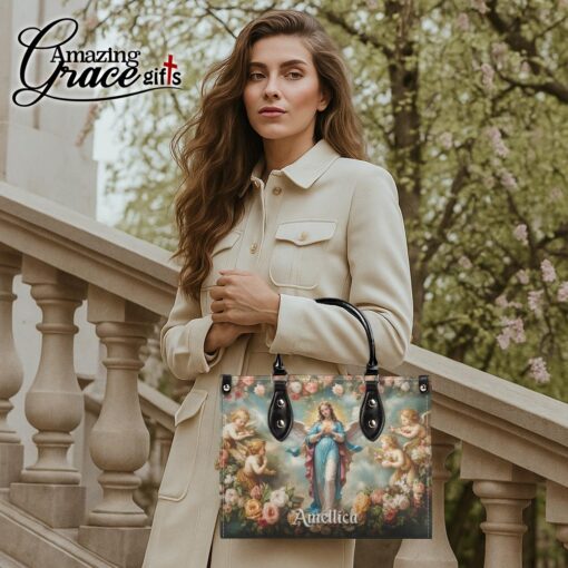Halo Of Roses Virgin Mary - Leather Handbag L - Image 3