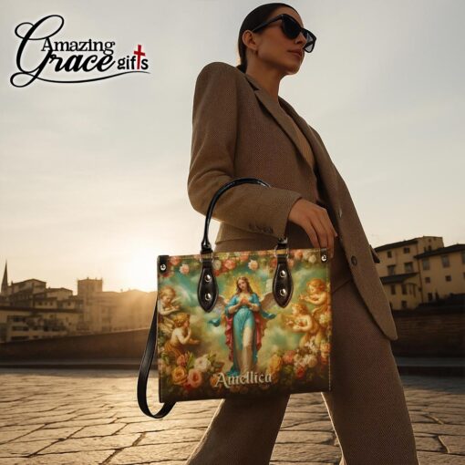 Halo Of Roses Virgin Mary - Leather Handbag L - Image 4