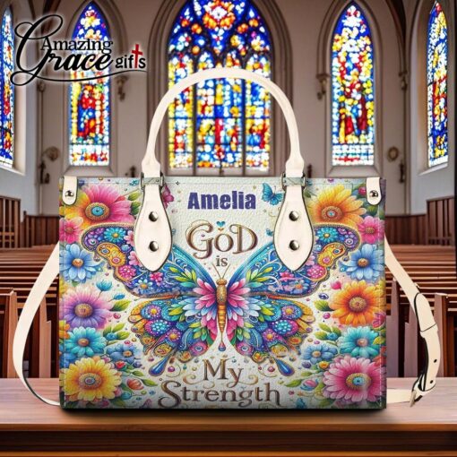 Colorful Flowers And Butterfly God Is My Strenght - Leather Handbag M - Image 8