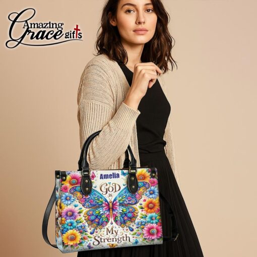 Colorful Flowers And Butterfly God Is My Strenght - Leather Handbag M - Image 5