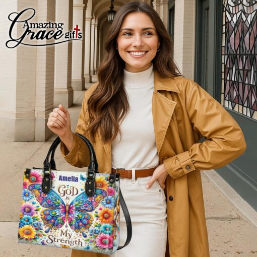 Colorful Flowers And Butterfly God Is My Strenght - Leather Handbag M - Image 6