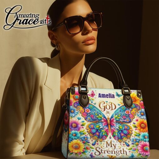 Colorful Flowers And Butterfly God Is My Strenght - Leather Handbag M - Image 7
