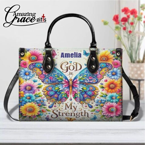 Colorful Flowers And Butterfly God Is My Strenght - Leather Handbag M - Image 9