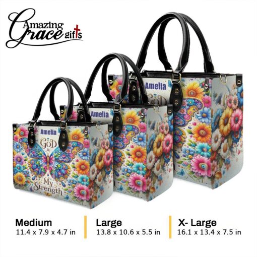 Colorful Flowers And Butterfly God Is My Strenght - Leather Handbag M - Image 10