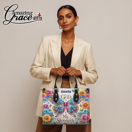 Colorful Flowers And Butterfly God Is My Strenght - Leather Handbag M - Image 2