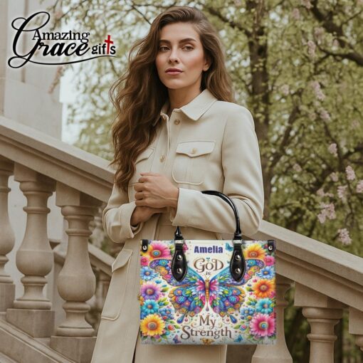 Colorful Flowers And Butterfly God Is My Strenght - Leather Handbag M - Image 3