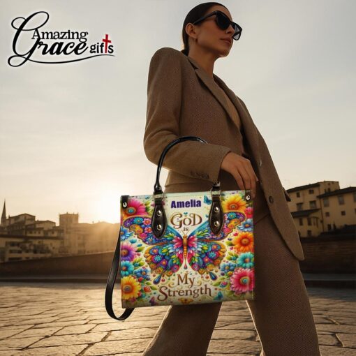 Colorful Flowers And Butterfly God Is My Strenght - Leather Handbag M - Image 4