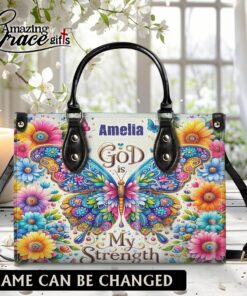 Colorful Flowers And Butterfly God Is My Strenght - Leather Handbag L