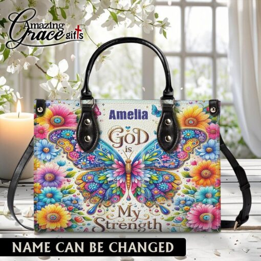 Colorful Flowers And Butterfly God Is My Strenght - Leather Handbag M