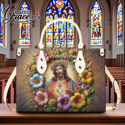 Colorful Flowers Jesus Sacred Heart Christian - Leather Handbag M - Image 8
