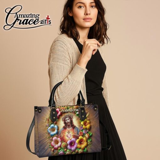 Colorful Flowers Jesus Sacred Heart Christian - Leather Handbag M - Image 5