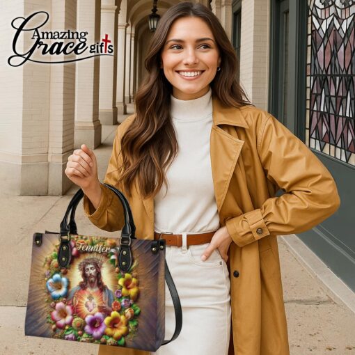 Colorful Flowers Jesus Sacred Heart Christian - Leather Handbag M - Image 6