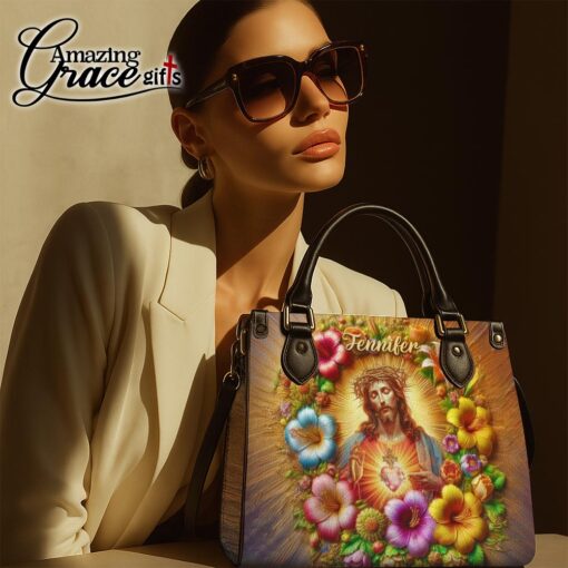 Colorful Flowers Jesus Sacred Heart Christian - Leather Handbag M - Image 7